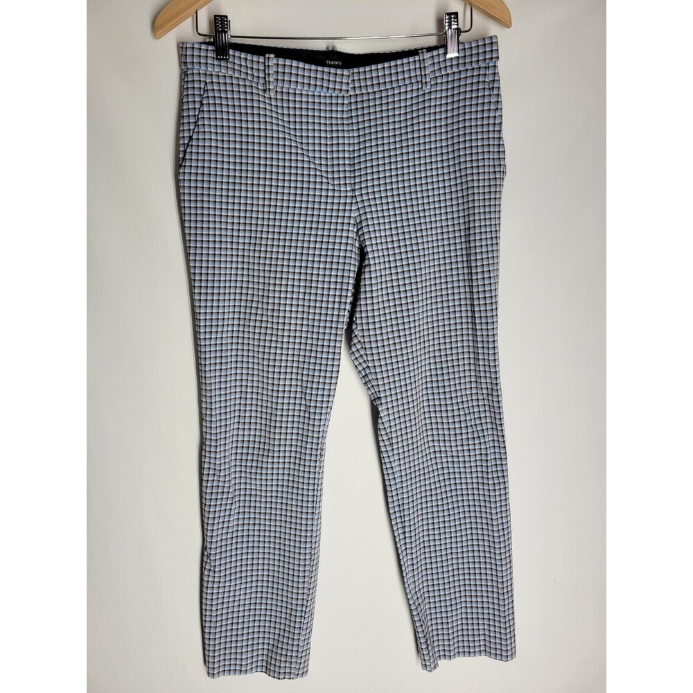 Theory Womens Checkered Capris Pants Blue Black Tapered Cropped Size 8